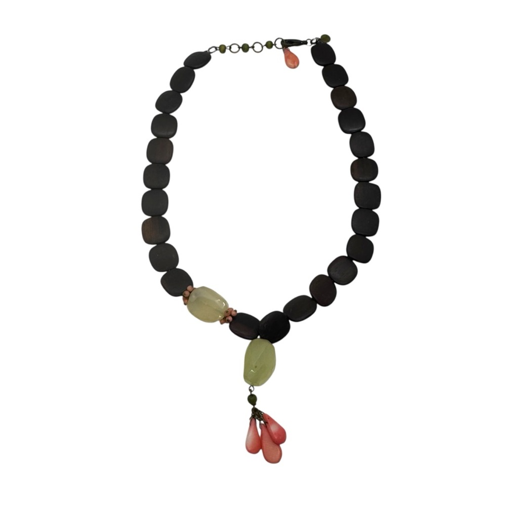 Vintage David Aubrey Wood Bead Necklace Semi Precious Stones